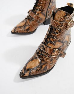Ambassador leather snake lace up two buckle ankle boot-Multi