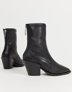 Ashen black leather mid heeled ankle boots