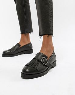 Fisher chunky black leather fringed buckle loafers