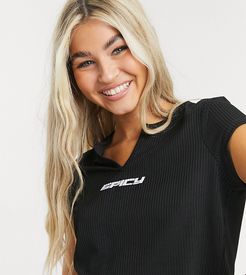 ribbed cropped T-shirt with cut out neck & spicy graphic-Black