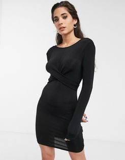 long sleeve glitter bodycon dress with knot front-Black