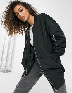 longline bomber jacket with ruched sleeves in black