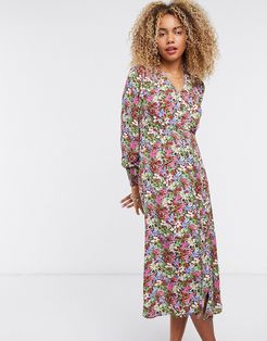midi tea dress with button front in pink floral-Multi