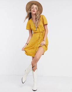 mini dress with button front in yellow polka dot-Multi