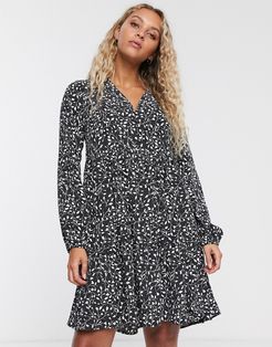 mini smock dress in mono ditsy print-Multi