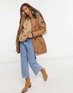parka coat with faux fur hood in brown