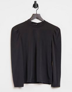 puff shoulder detail rib top in black