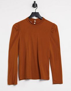 puff shoulder detail ribbed top in burnt orange