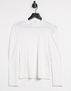 puff shoulder detail ribbed top in white