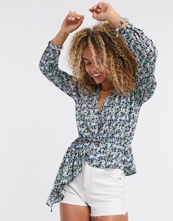 wrap detail blouse with asymmetric hem in floral print-Multi