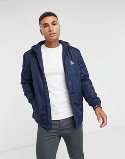 hooded zip thru padded parka jacket in navy with small logo