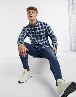 slim fit plaid shirt in blue with small logo-Blues