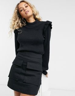 & Other Stories frill detail high neck ribbed sweater in black