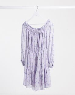 & Other Stories lavander print bardot mini dress in lilac-Purple