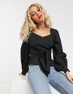 & Other Stories puff sleeve tie-waist blouse in black