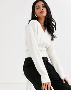 & Other Stories v neck crop sweater in cream-White