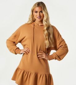 Exclusive mini ruffle hem sweatshirt dress with hood in camel-Tan