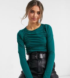 exclusive ruched detail long sleeve top in emerald green