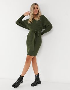 knitted wrap detail pencil dress with belt detail in khaki-Green