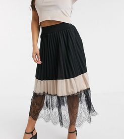 contrast lace pleated midi skater skirt in black