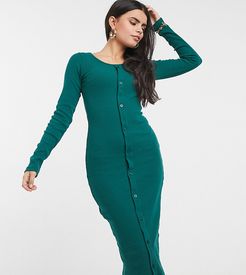 exclusive long sleeve button detail midi dress in emerald green