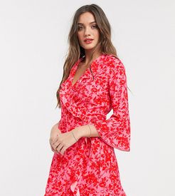 ruffle wrap dress with fluted sleeve in red floral print-Multi