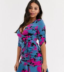 wrap front ruched mini dress in contrast floral print-Multi