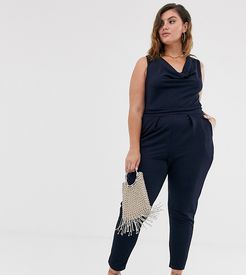 cowl front jumpsuit in navy-White