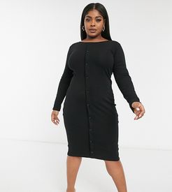 exclusive long sleeve button detail midi dress in black