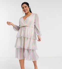 plunge front tiered midi dress in pastel rainbow stripe-Multi