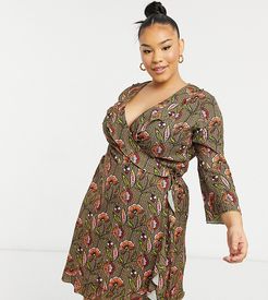 ruffle wrap dress with fluted sleeve in tan floral print-Multi