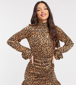 high neck ruffle sleeve mini dress in leopard print-Multi