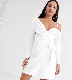 one shoulder tie front blazer dress in cream-White