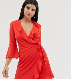 ruffle wrap dress with fluted sleeve in red