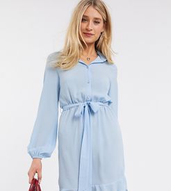 shirt dress with frilly hem in blue-White