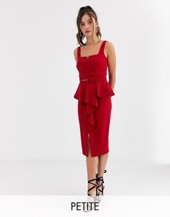 belted peplum midi dress with slit in red