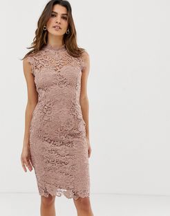 high neck lace midi dress in taupe-Brown