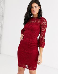 lace dress with fluted sleeves-Red
