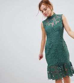 High Neck Lace Dress With Peplum Hem-Green