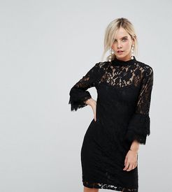 High Neck Midi Lace Dress with Double Frill Sleeve-Black