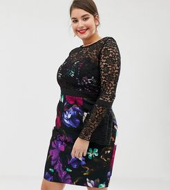 2 in 1 lace top midi dress with printed skirt in multi