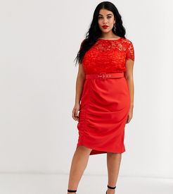 belted lace midi dress in red