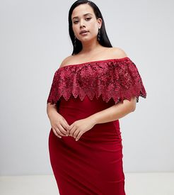 lace overlay bardot pencil dress in red