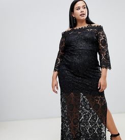 sequin lace bardot maxi dress with side splits in black