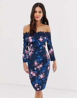 printed bardot pencil midi dress-Navy