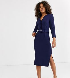 belted midi dress with side splits in navy