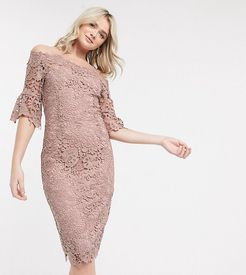 crochet lace midi pencil dress in pink