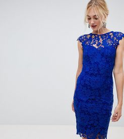 midi lace dress with scalloped plunge back in bright blue