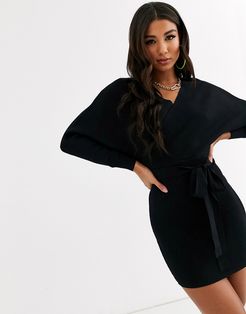 knitted wrap dress with cut out back-Black