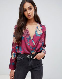 floral print wrap body-Red